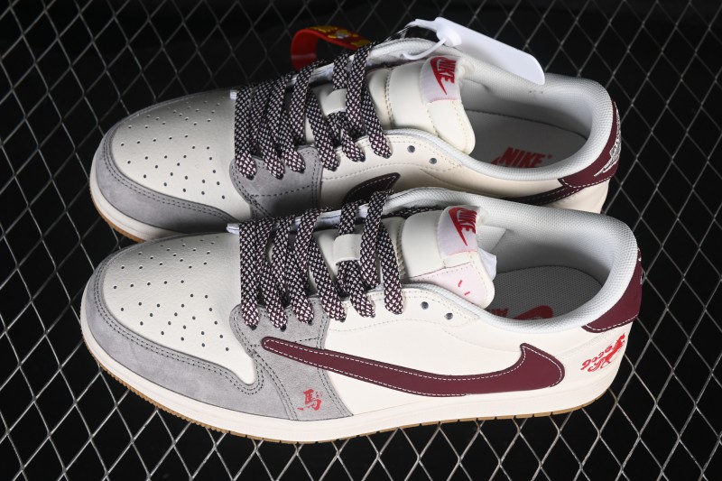Nike Travis Scott x Fragment Design x Air Jordan 1 Low OG SP White Grey Wine Red Lifestyle Casual Sneakers - MY9969-802