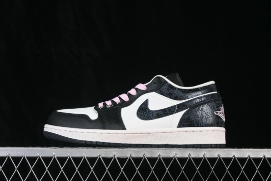Nike Air Jordan 1 Low Retro Basketball Shoes with Cracked Leather and Black-White Colorway - II0595-001