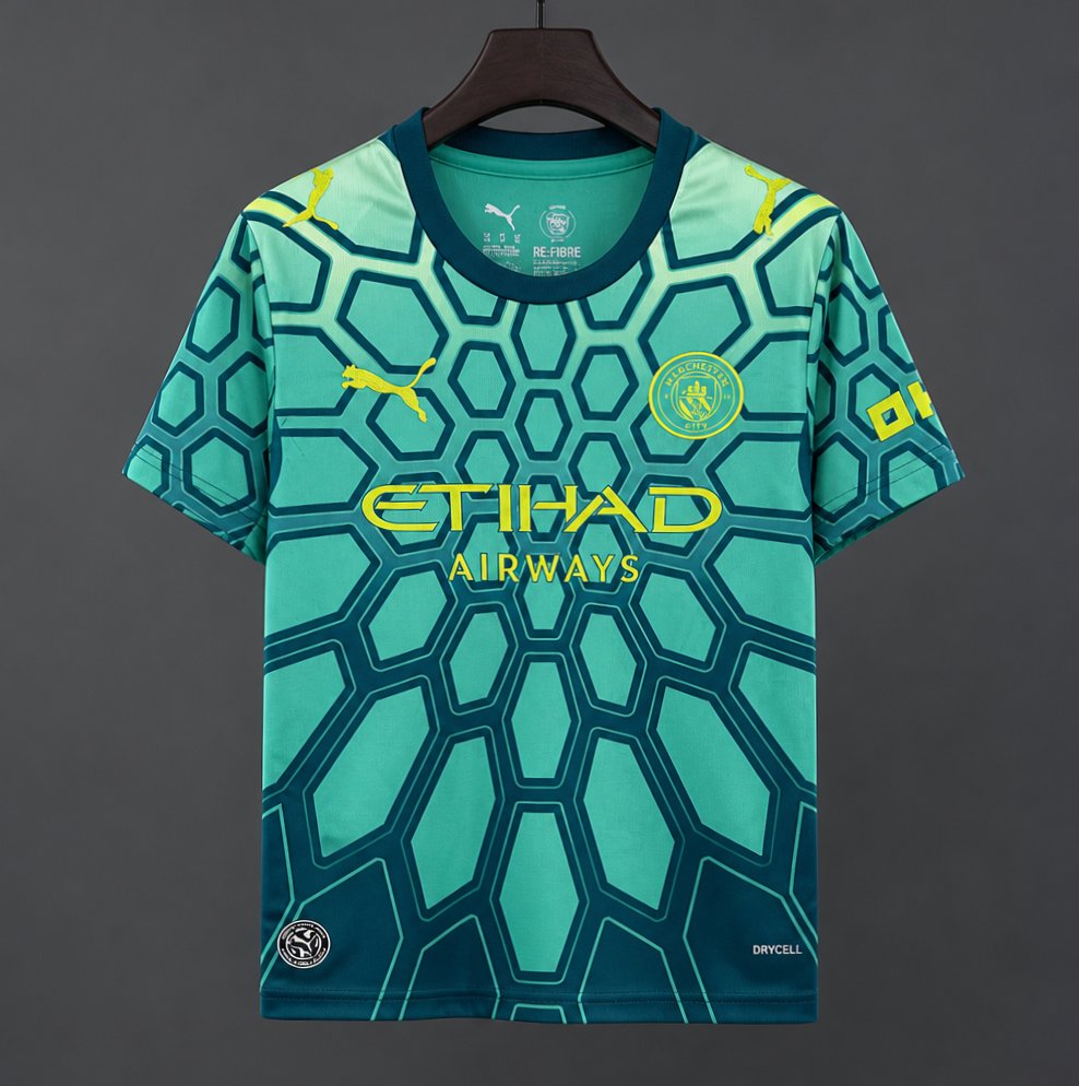 26/27 Manchester City Vibrant Green Goalkeeper Jersey With Dark Blue Geometric Pattern.