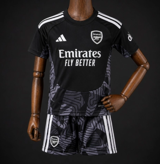 26/27 Kids Arsenal Black with Dark Grey Geometric Contour Pattern Goalkeeper Jersey Set