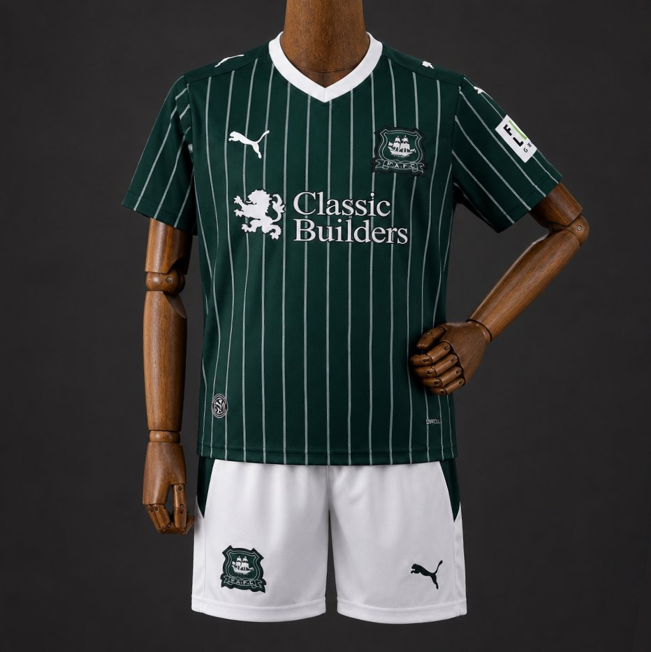 26/27 Kids  Plymouth Argyle Green with White Pinstripe Home Jersey Kit
