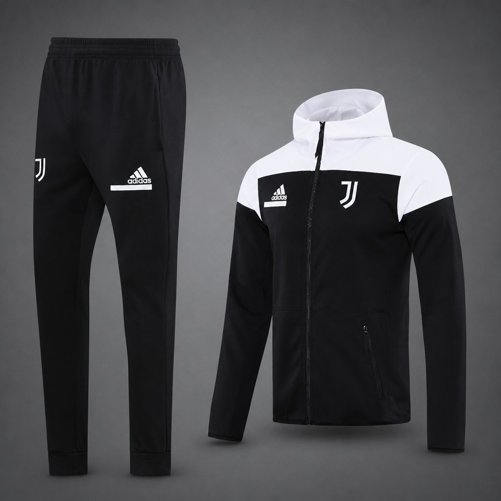 26/27 Juventus  Black/White Full Zipper Hooded Jacket Tracksuit + Long Pants